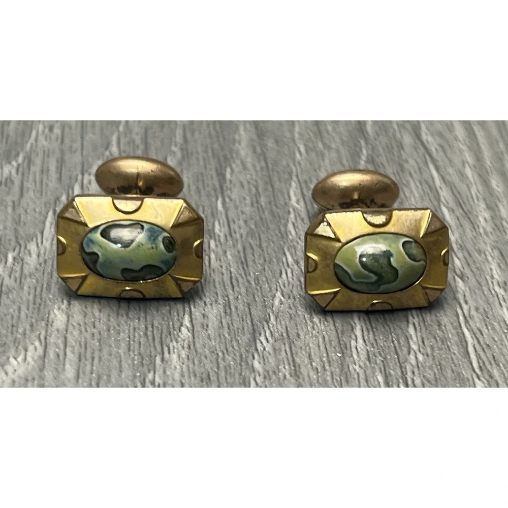 Antique HA & CO Gold Tone Green Stone Cufflinks Men's Vintage‎ Jewelry
